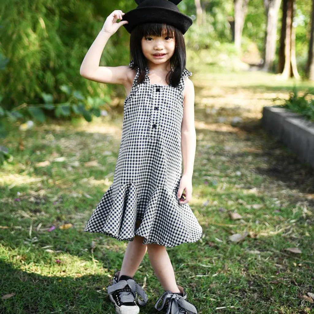 Fashsiualy Girls Summer Baby Dress Kids Clothes Toddler Sleeveless Plaid Print Pleated Dresses | Детская одежда и обувь