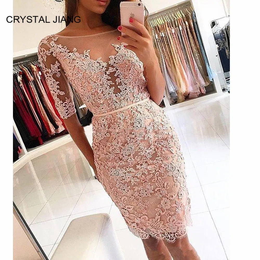 

Hot Sale 2019 Scoop Collar Lace Applique Custom made Half Sleeves Beaded Knee Length Fashion Pink Cocktail Dresses