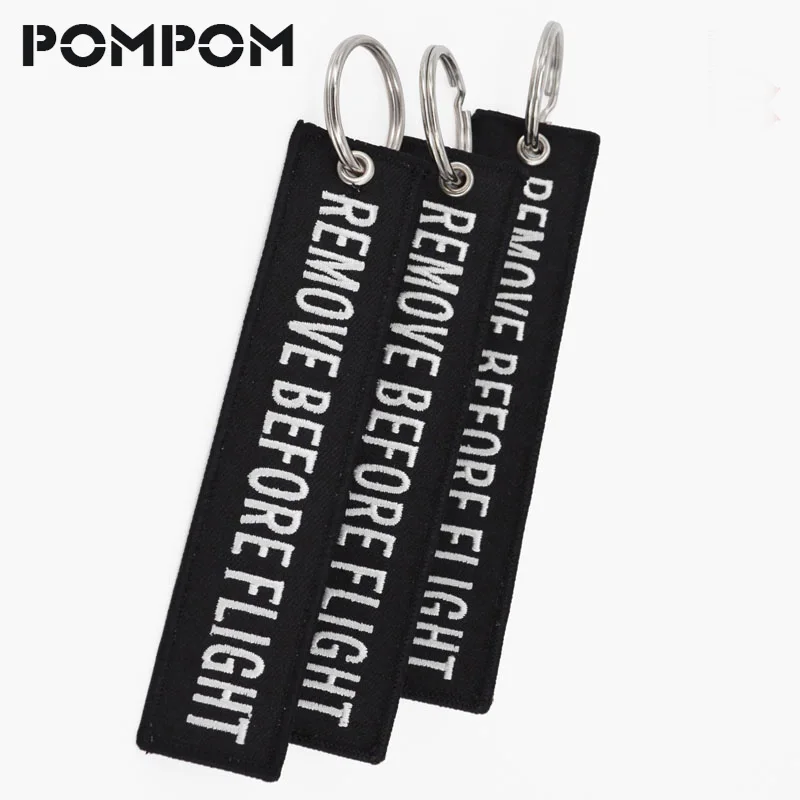 

3 PCS/LOT REMOVE BEFORE FLIGHT Key Holder OEM Keychain Black Embroidery Key Ring Chain Special Luggage Tag Label fob safety Tag
