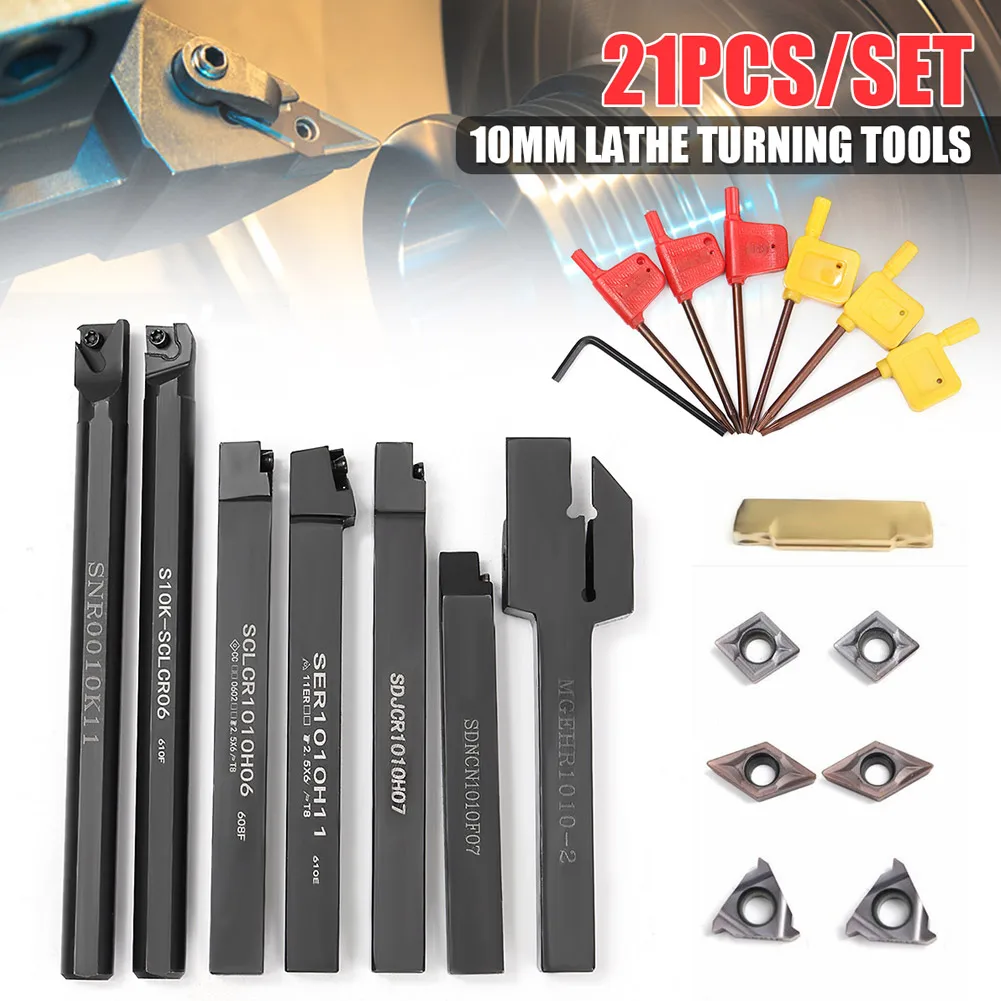 

1 Set 10mm Shank Lathe Turning Tool Holder Durable with Carbide Inserts Wrenches WWO66