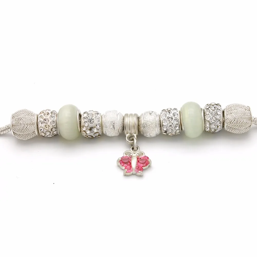 Белый DIY бусы браслет для женщин Посеребренная Кристалл Rhinestone Бабочка модные