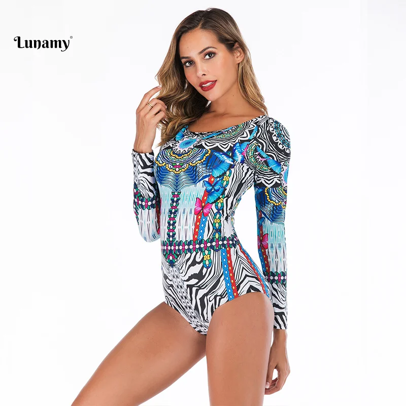 Lunamy, винтажный Цельный купальник с принтом, слитный купальник, Maillot De Bain Femme, сексуальный купальник на молнии спереди, женский купальник