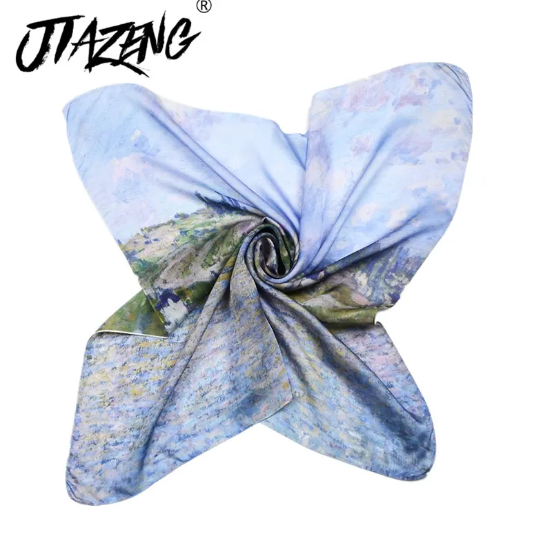 

Oil painting style Fashion Hijab Scarf For Women Print Silk Satin Hair Scarfs Kerchief 70*70 Square Neckerchief Headband Scarves