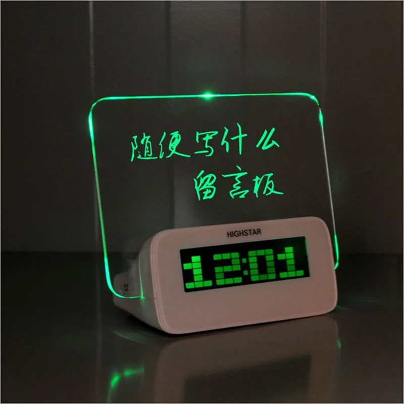 

Upgrade Alarm Clocks LED Fluorescent Message Board Digital Alarm Clock Calendar Night Light Green/Blue Desk Clock