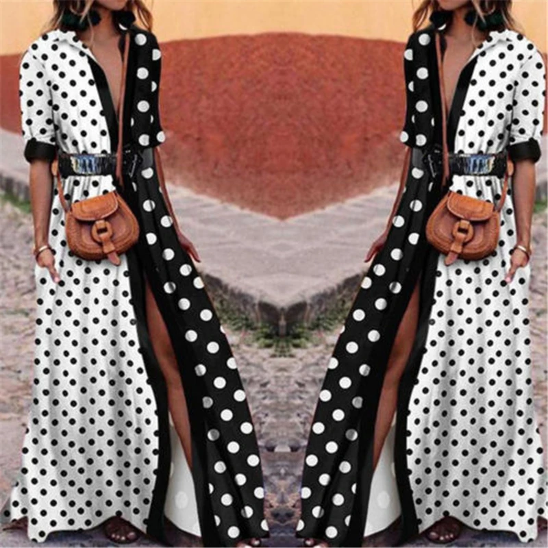 Женское винтажное длинное платье модное лоскутное платье-рубашка в горошек