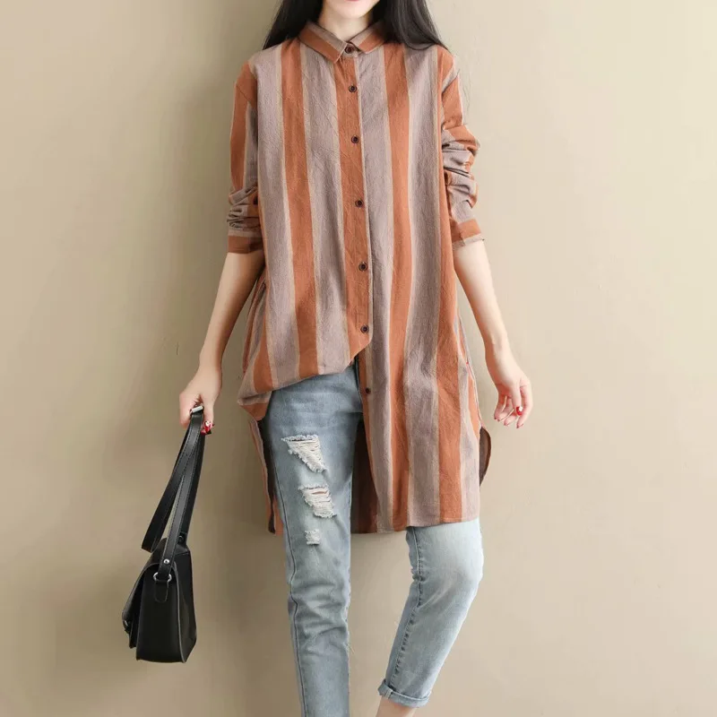 Women Striped Cotton Linen Long Blouses Shirts Fashion Loose Long Sleeve Shirt Dresses Spring Summer Ladies Casual Tops SW-026