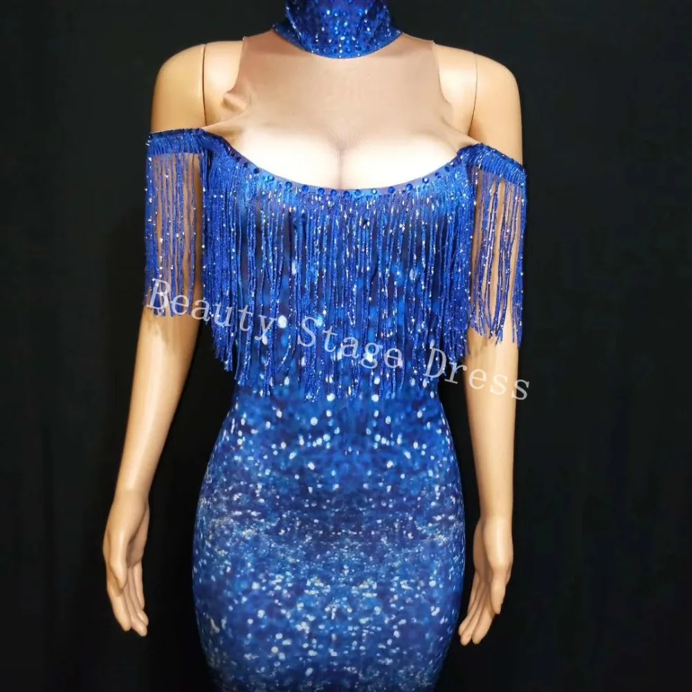 Flashing Sequins Blue Tassels Long Dress Female Singer Nightclub Bar Host Show Stage Costume Models Catwalk Elastic Skinny |
