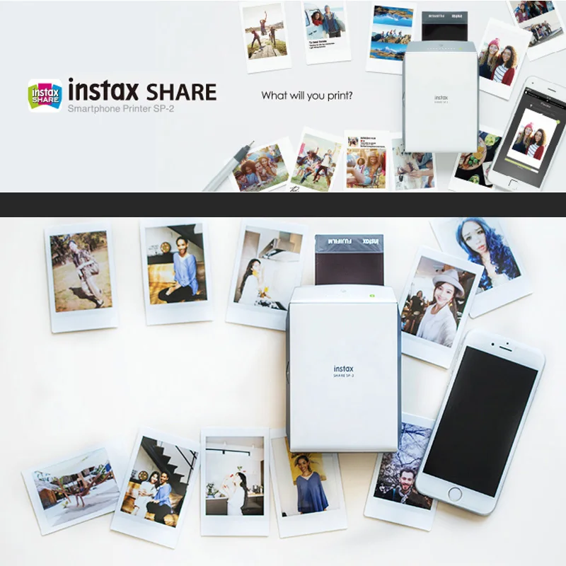 Fujifilm INSTAX Share SP-2 смартфон принтер(серебристый/золотистый), Fujifilm Instax Mini Dual Pack мгновенная пленка и чехол