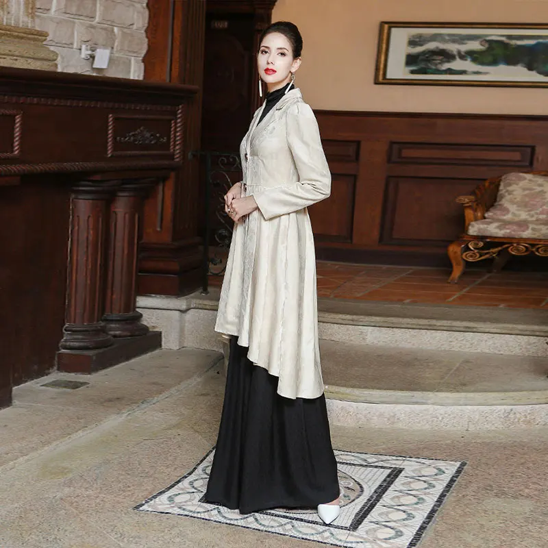 Женский приталенный Тренч VOA бежевый пиджак с длинным рукавом и воротником