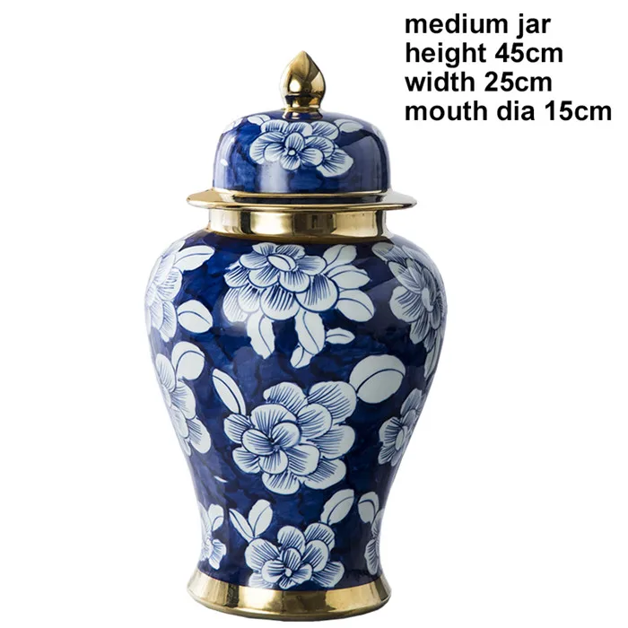 medium jar Античный Королевский расписанный вручную синий и белый керамический Золотой общий резервуар, ваза Фортуна шляпа-покрытый имбирь баночки орнамент креативный подарок - Цвет: medium jar