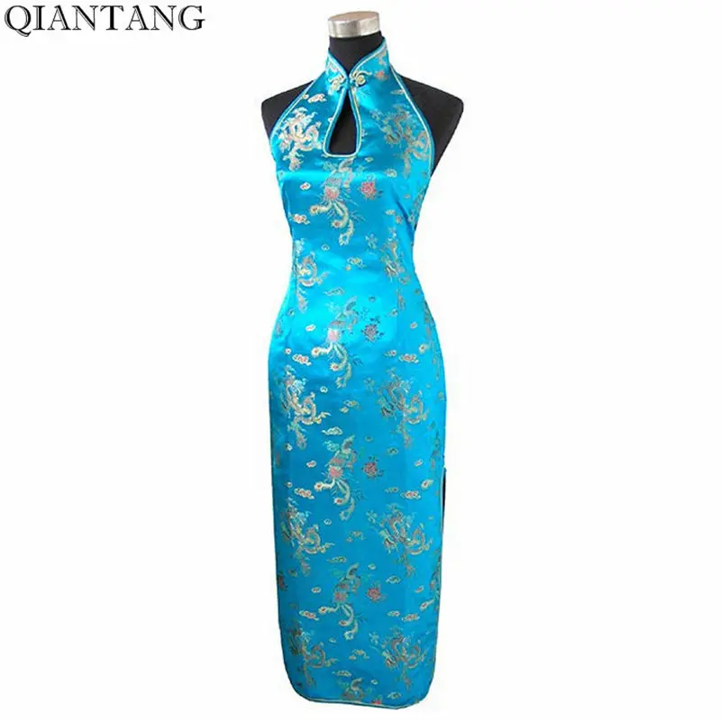 Женское платье чонсам светло синее с открытой спинкой Размеры M L XL XXL XXXL J3403|dress