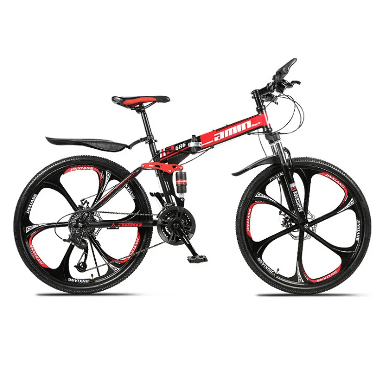 black and red L 24 26 дюймов складной горный велосипед 21 скорость двойного демпфирования 6 ножей колеса и 3 ножа колеса велосипед двойные дисковые тормоза горный велосипед - Цвет: black and red L