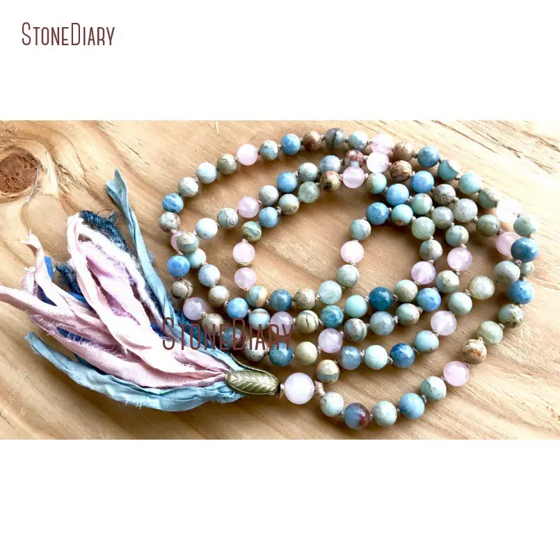 

Hand Knotted 108 Mix Stone Beads Mala Necklace Aquamarines Rose Quartzs African Opal Long Sari Tassel Yoga Jewelry NM11091