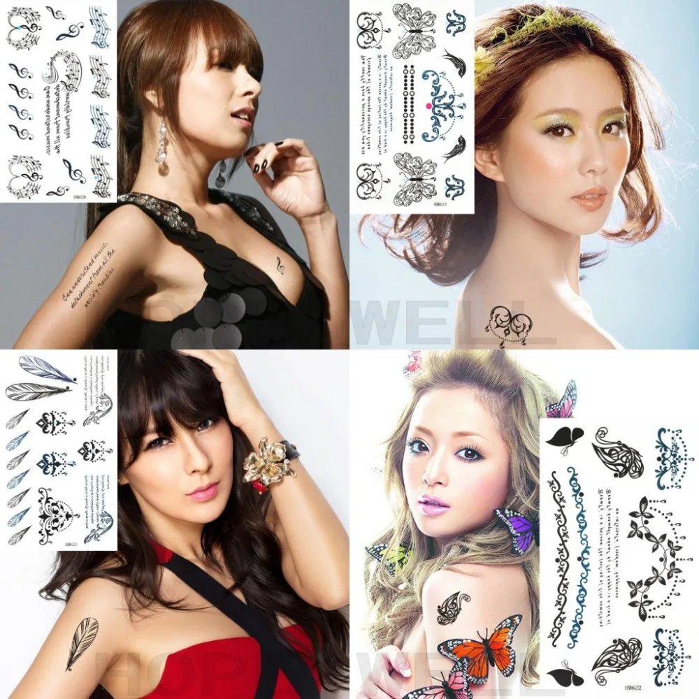 4 листа художественные буквы музыкальное перо Тотем черная временная татуировка