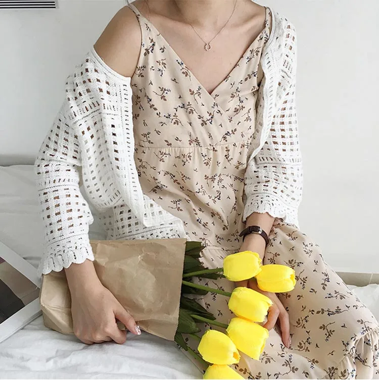 Everweekend/милый вязаный кардиган с цветочным узором и кружевом для девочек Верхняя