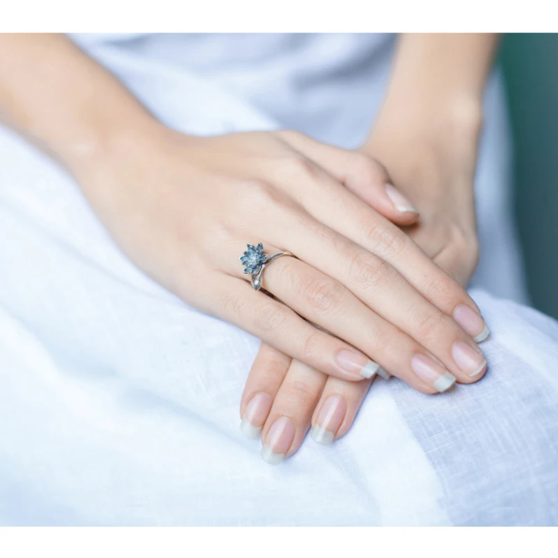 SRCOI Новое модное кольцо с цветком лотоса в античном стерлинговом серебре