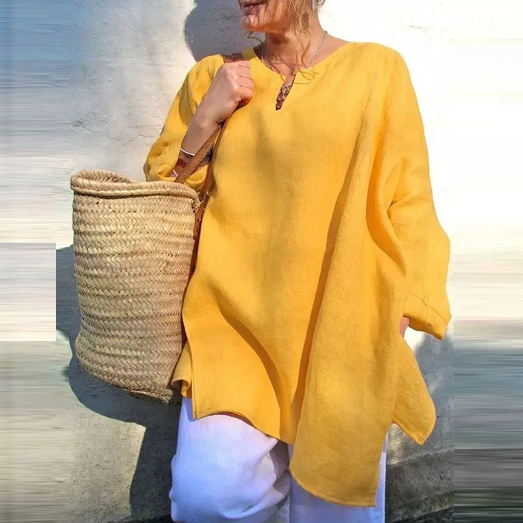 Женские блузки повседневные льняные с длинным рукавом Свободные v образным