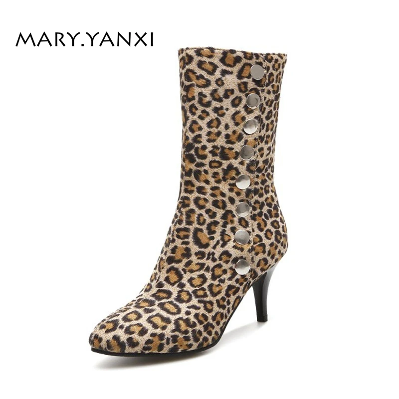 Mary. Yanxi/зимняя модная женская обувь полусапожки из флока с леопардовым принтом
