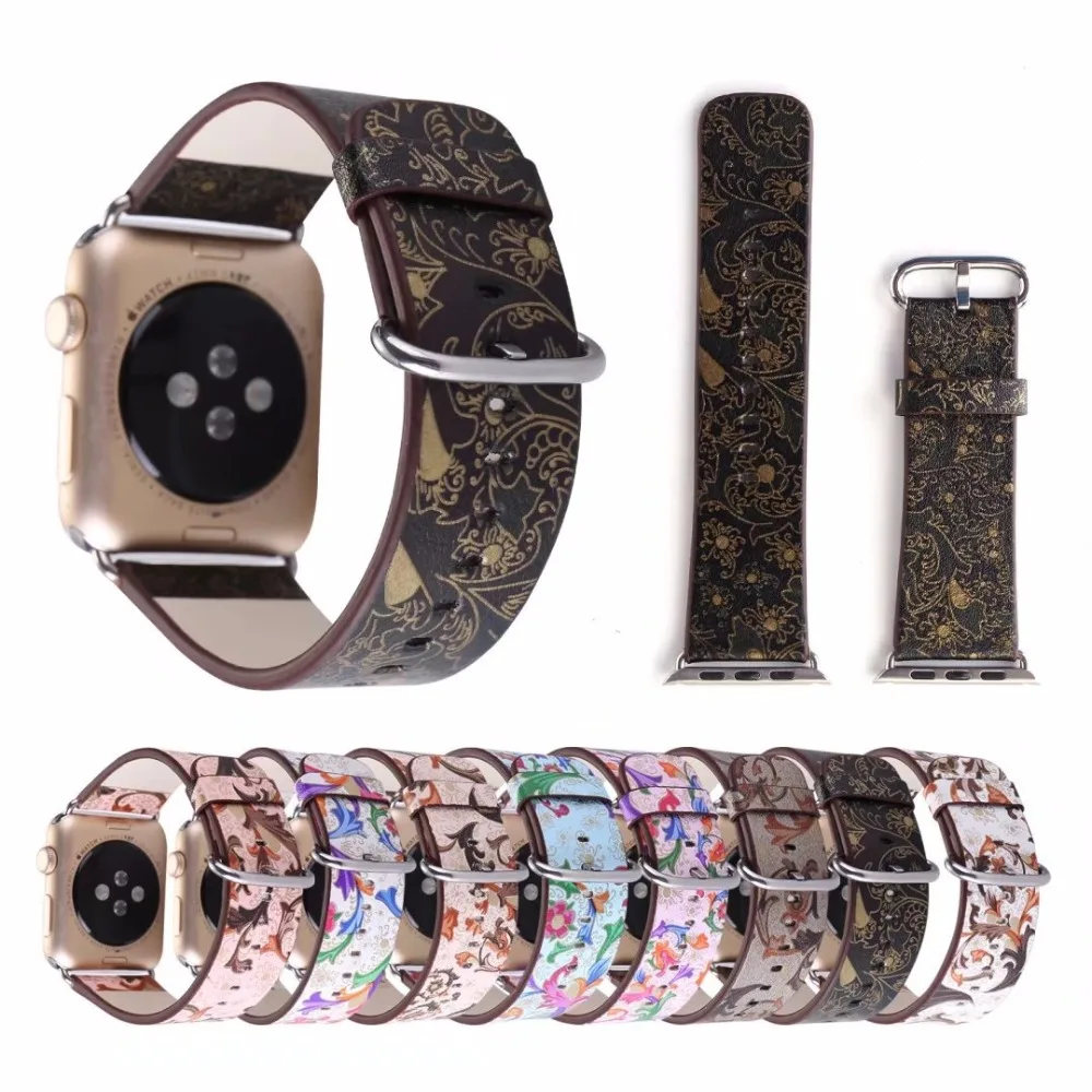 Vintage Flower Leather Wristbands Watch Band Strap Bracelet Belt Replacement For Apple Watch 38/42mm 40/44mm Sereis 1/23/4