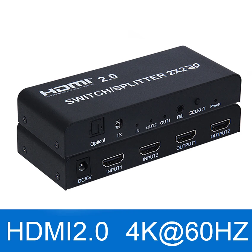 2x2 HDMI 2,0 коммутатор, переключатель 4K@ 60Hz YUV 4:4:4 оптический SPDIF+ 3,5 мм jack аудио экстрактор с ИК-пультом дистанционного управления