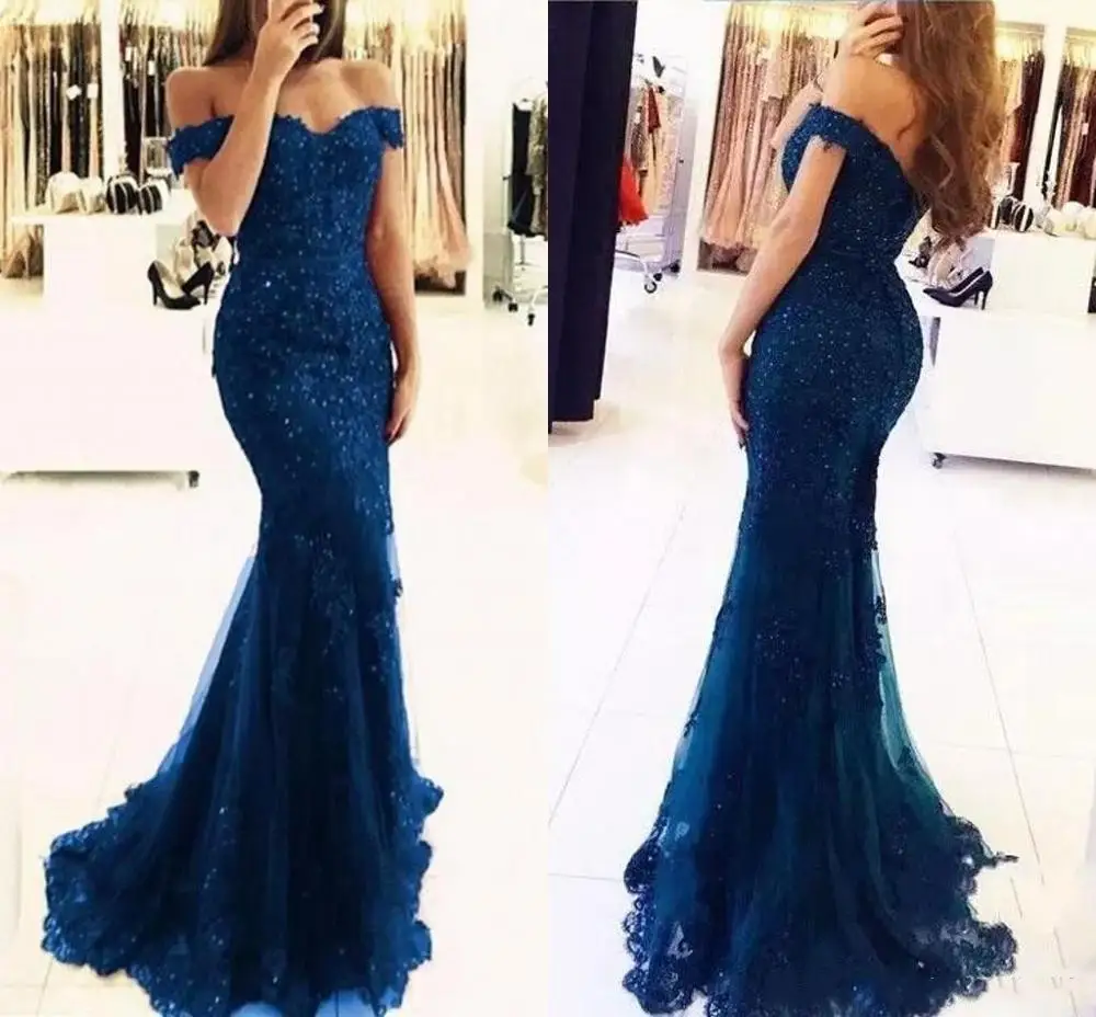navy blue Vestido de festa с открытыми плечами Русалка бордовые кружевные платья подружек невесты Аппликация из бисера Вечерние платья для выпускного вечера - Цвет: navy blue