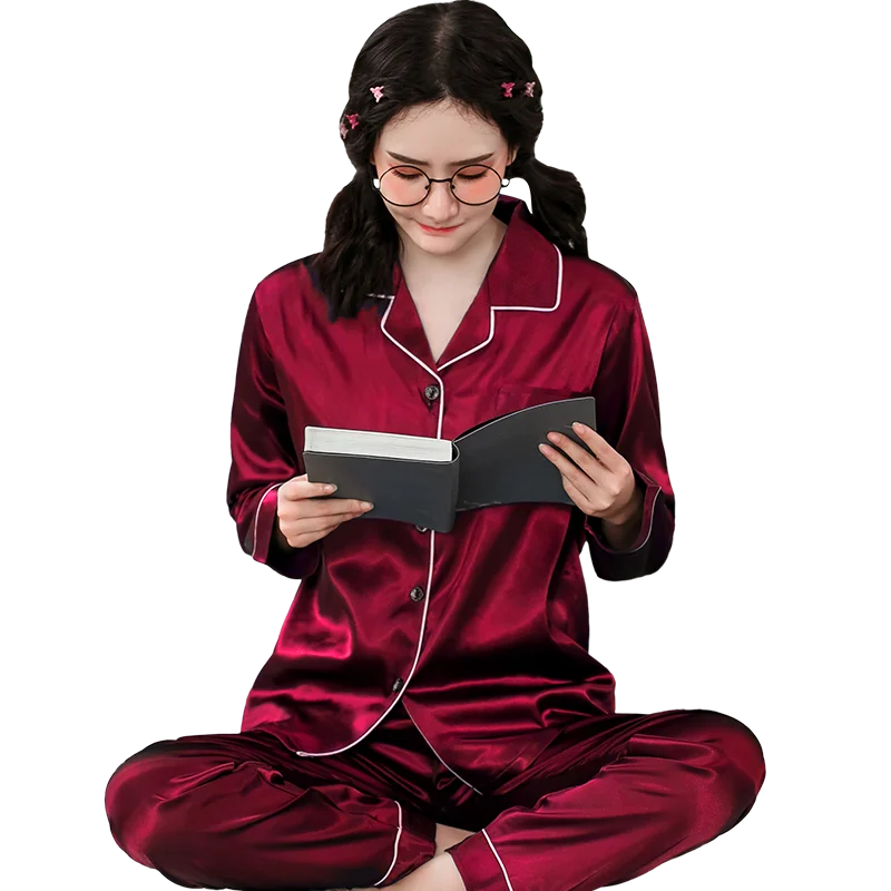 Christmas Red Satin Pajamas Women Plus Size Luxury Home Clothes Solid Long Sleeve Silk Pajama Set Cardigan Autumn | Женская одежда