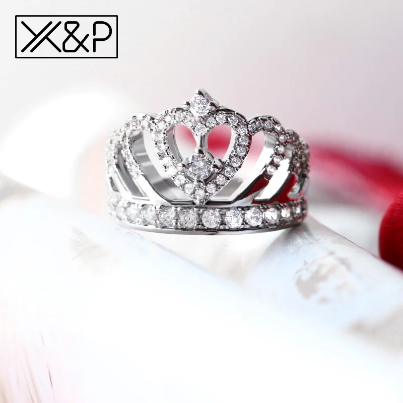 Женское Винтажное кольцо с кристаллами X & P серебряное короной и фианитом для