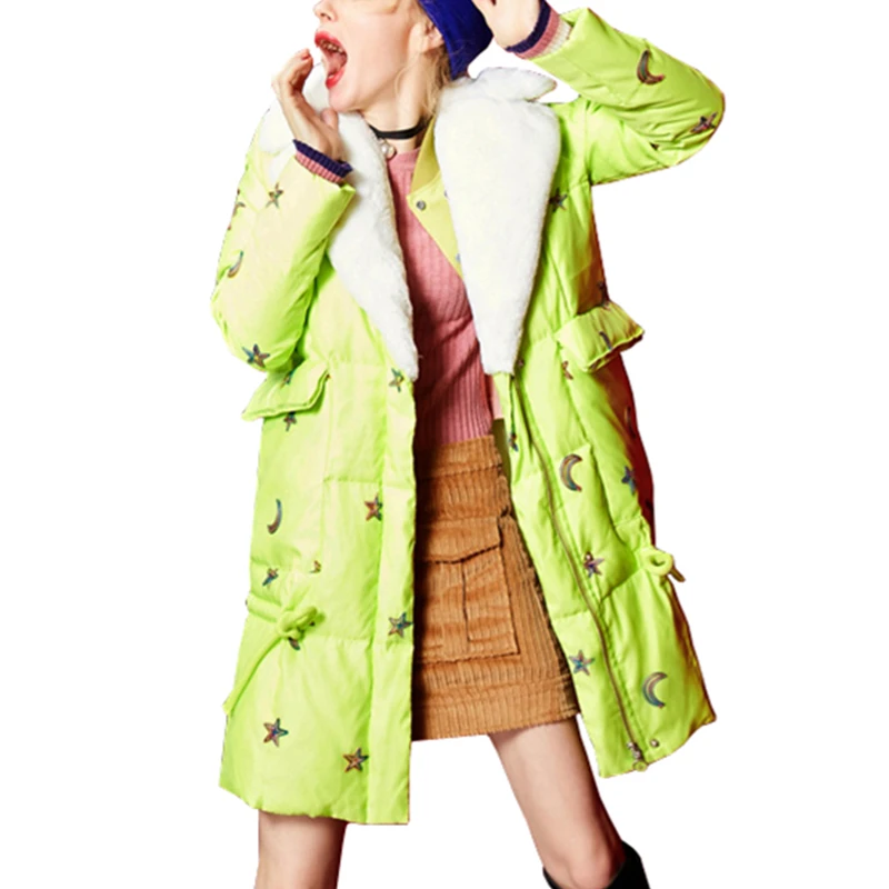 Мультфильм Вышивка Теплая Куртка-пуховик белого цвета на утином пуху меховой