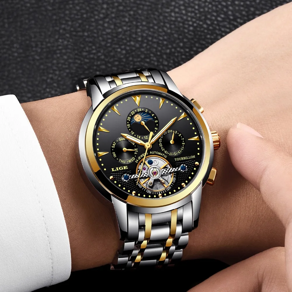 Топ люксовый бренд LIGE Мужские механические Tourbillon стальные часы Moon