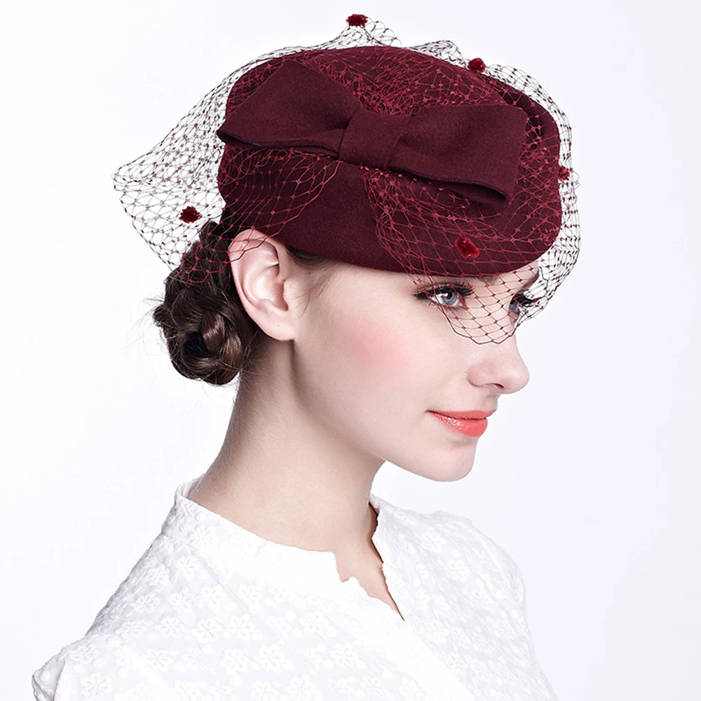 Fascinator Hats for Women Fedora Hats Black Red Autumn Winter Veil Wool Felt Pillbox Hat for Formal Cocktail Party Wedding Hat
