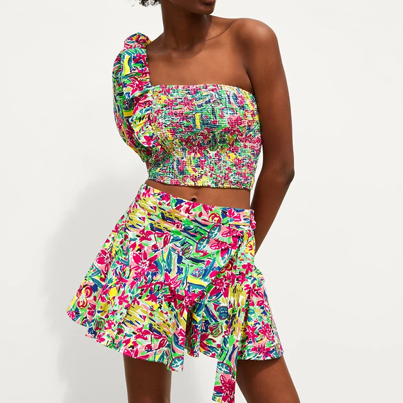 Женская короткая пляжная юбка с высокой талией повседневная богемная оборками и