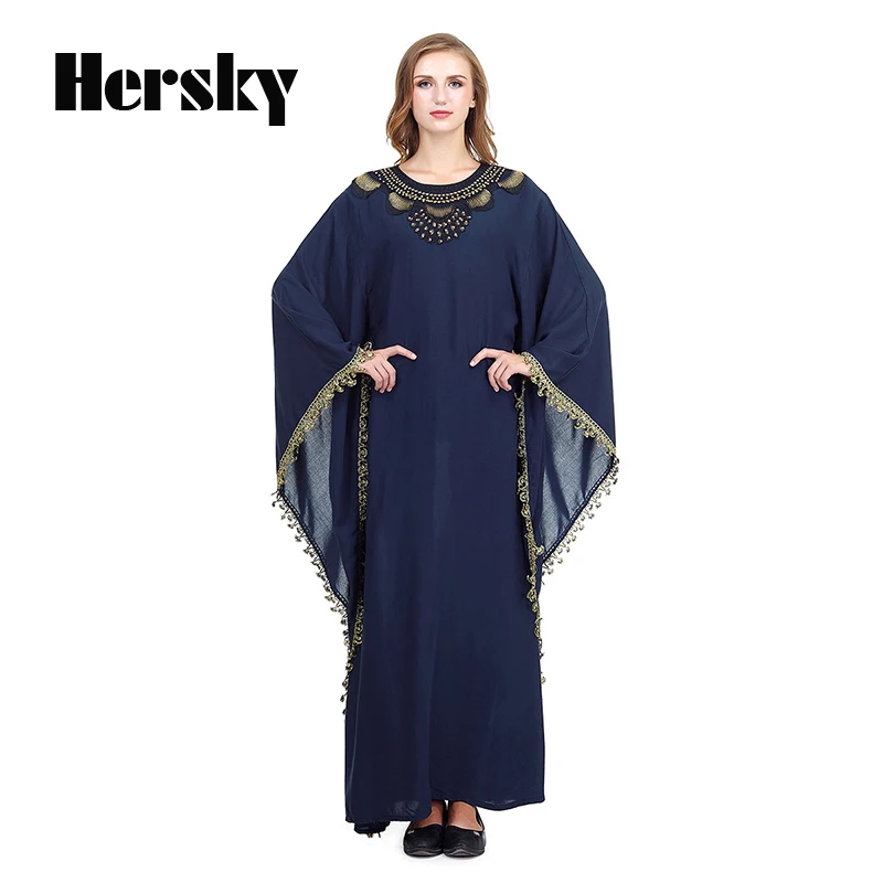Middle East Dubai Loose Abaya Kaftan Turkish Muslim Embroidery Dress Islamic Women Bat Sleeve Navy Dresses Clothing Plus Size |