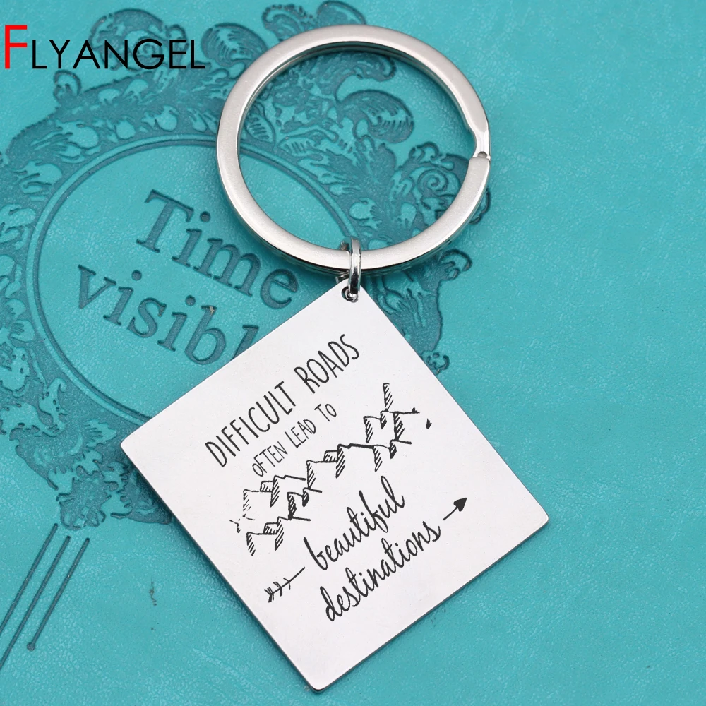 New Chic Lettering Key Chains Engraved difficult roads often lead to beautiful destination mountain keyring inspirational tag | Украшения и