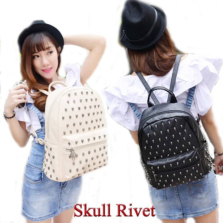 PU Leather School bags Zipper Womens Daily Backpack Skull Rivet Mochila Feminina New 2014 Girl College Student Book Bag Travel|travel blue