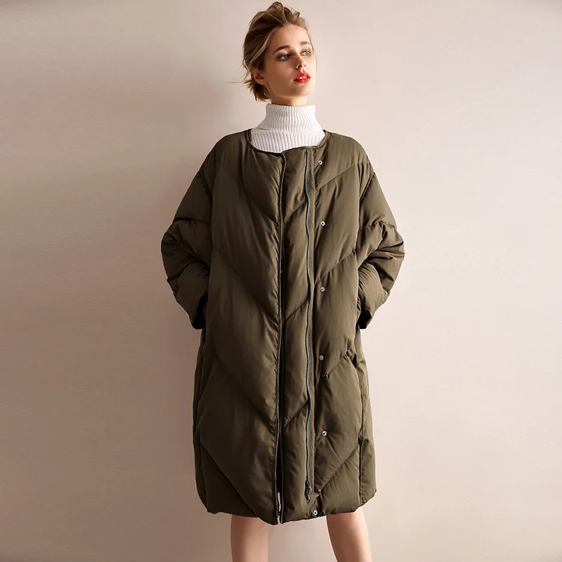Army green Женские пуховики, брендовые, плотные, теплые, плюс размер, свободные, белая, утиный пух, пуховик, длинное, гусиное перо, пальто, шарф, верхняя одежда, Okq050 - Цвет: Army green