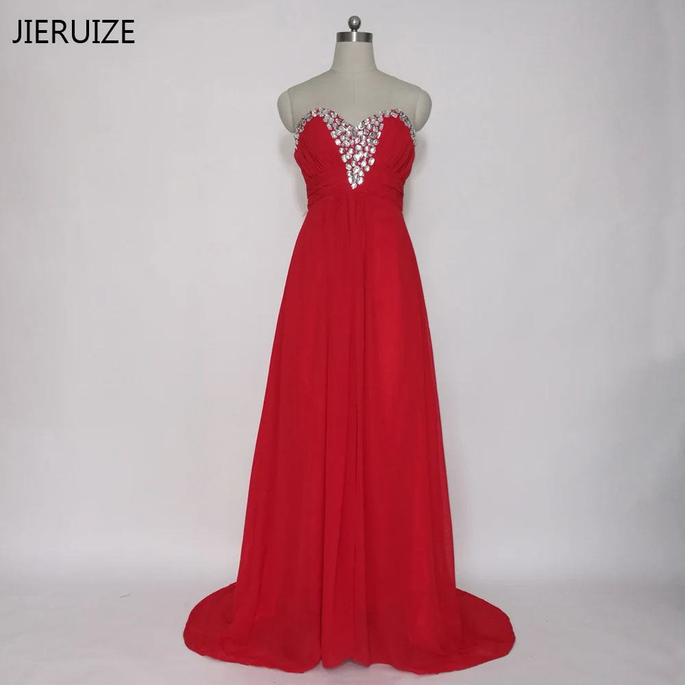 Дешевые красные шифоновые вечерние платья JIERUIZE Длинные с кристаллами и