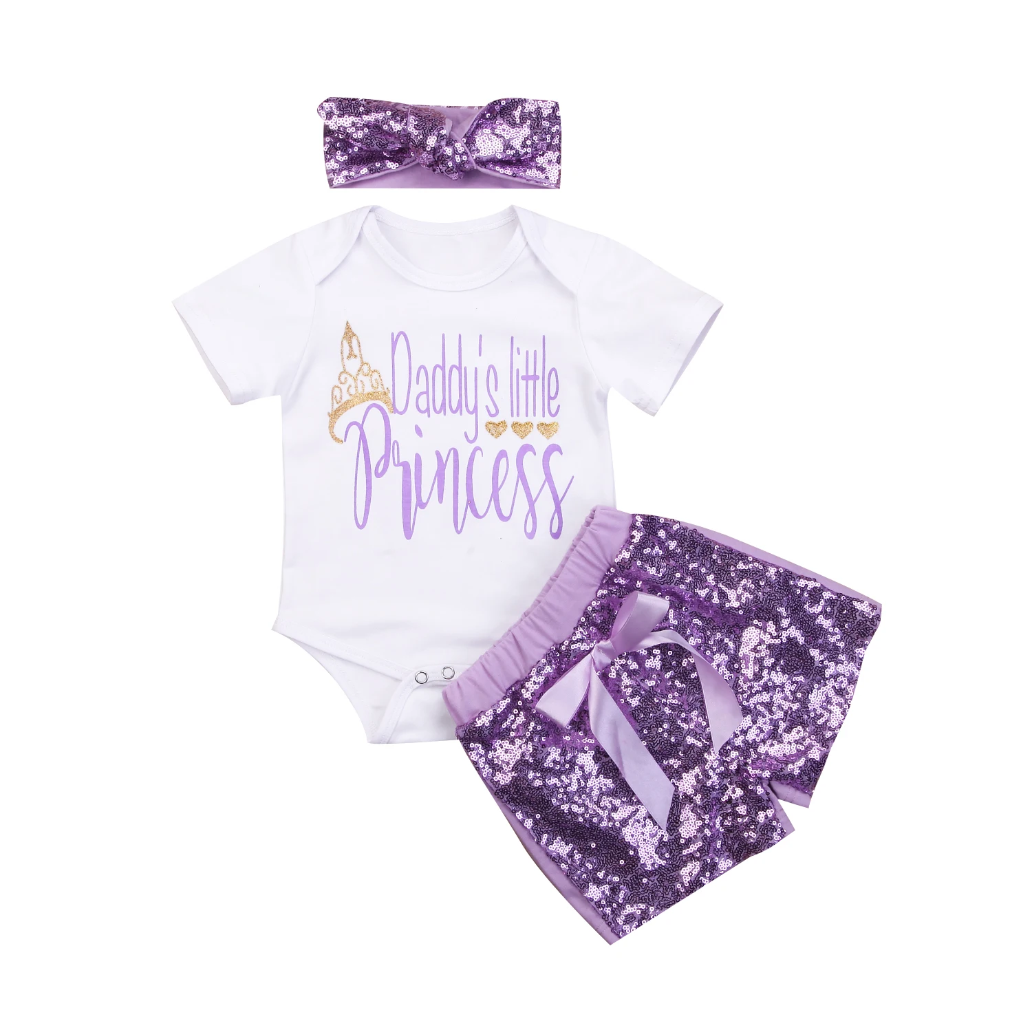 

Hot Sale 3PCS Newborn Baby Girls Clothes Daddy's Princess Short Sleeve Bodysuits Sequins Shorts Pants Headband Outfits Set 0-24M