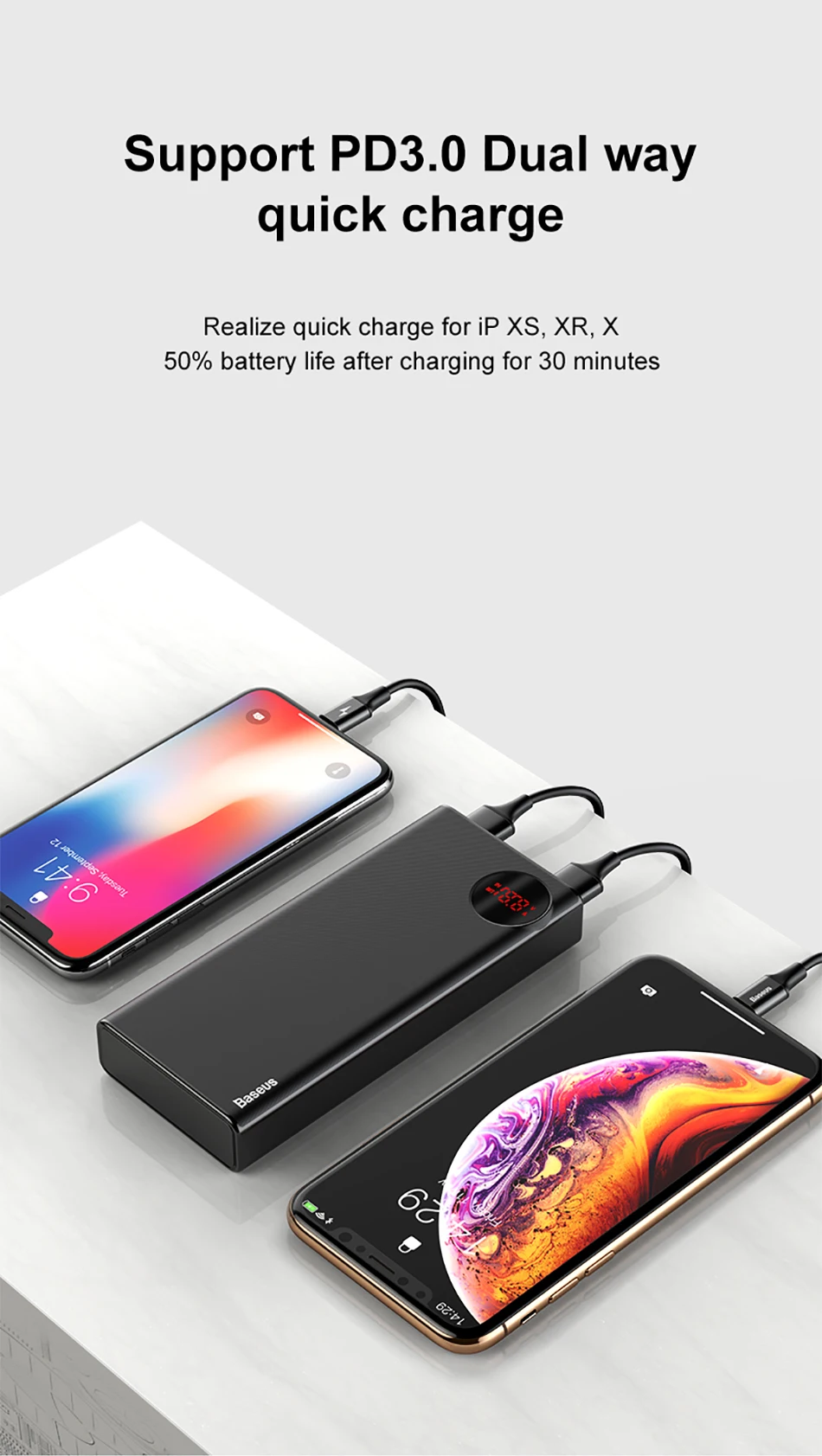 Baseus, 20000 мА/ч, внешний аккумулятор, USB C, PD, быстрая зарядка, 3,0, 20000, повербанк для Xiaomi Mi, 9, портативное Внешнее зарядное устройство, внешний аккумулятор