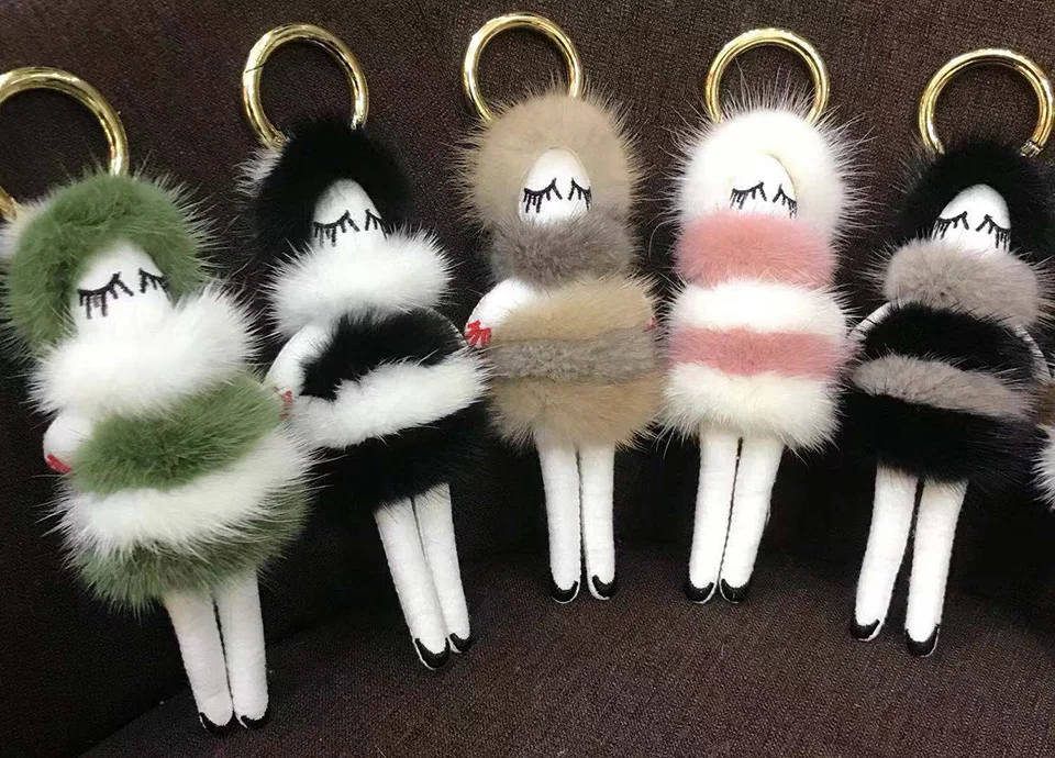 Натуральный мех норки роскошный кукла леди брелок сумка помпон Шарм на сумку