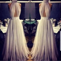 fashion ivory long evening formal dresses sexy halter a line simple pleated tulle special occasion prom party gown custom made