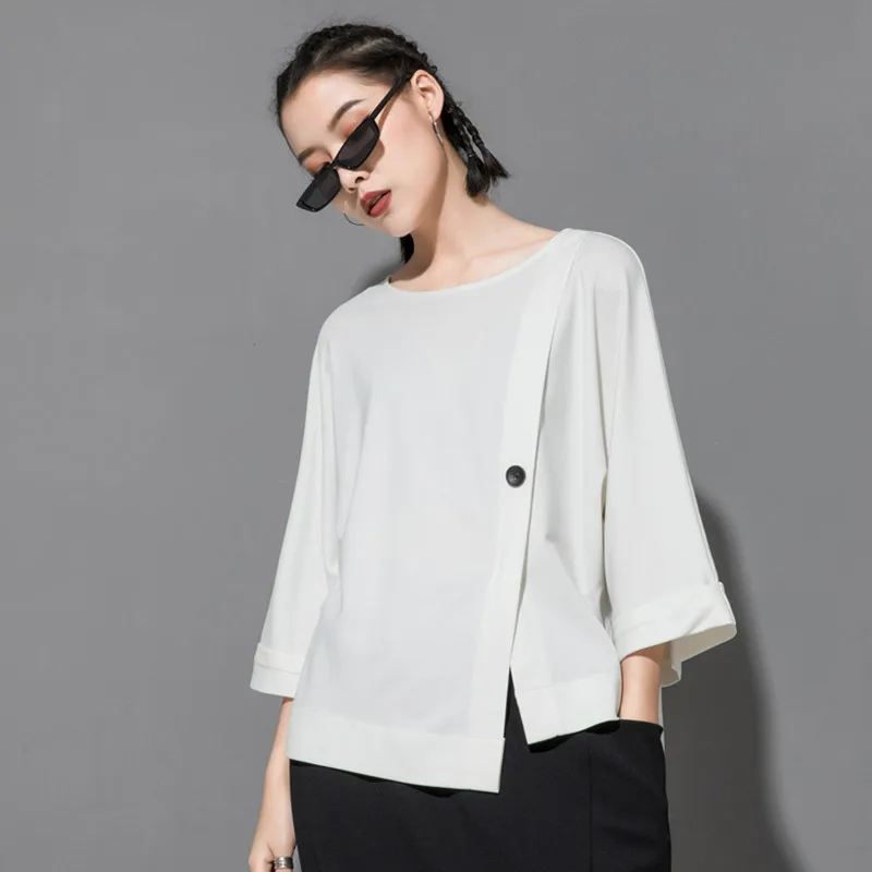 Женская футболка с круглым вырезом рукавом летучая мышь и пуговицами|Футболки| |