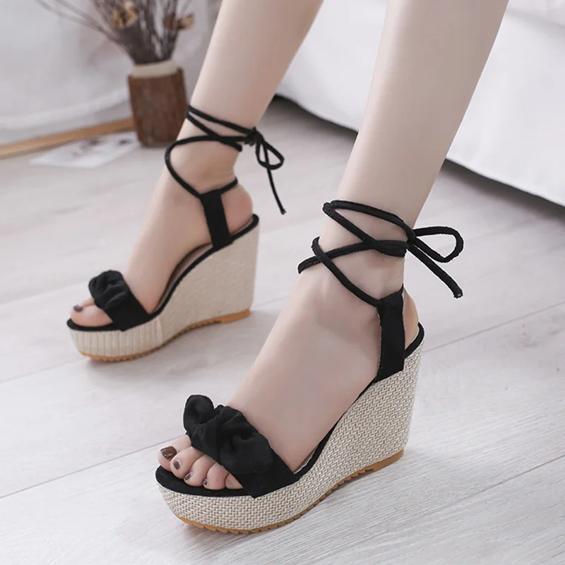 Женская обувь на шнуровке туфли танкетке для женщин сандалии с открытым носком