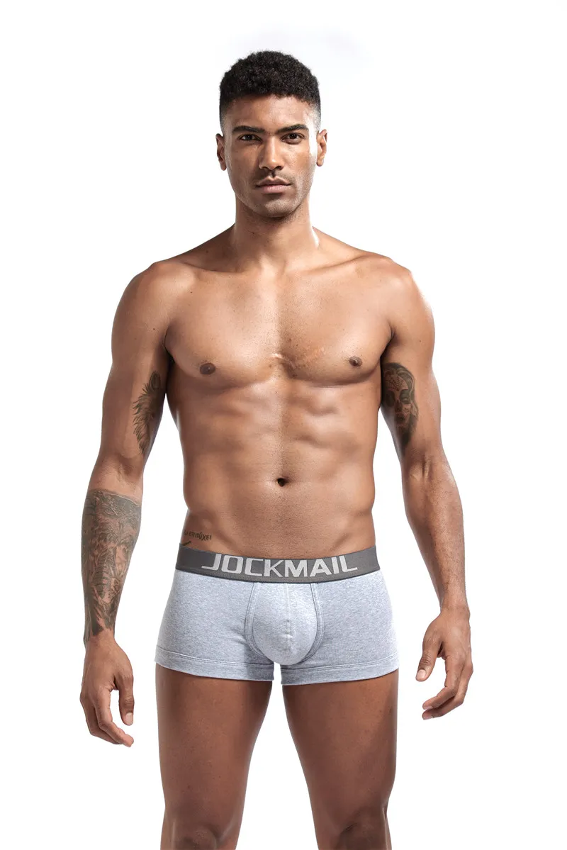 JOCKMAIL, фирменное хлопковое сексуальное мужское нижнее белье, мужские боксеры, одноцветные, черные, белые, серые, с низкой талией, u-выпуклые, спортивные, удобные штаны, мужские боксеры