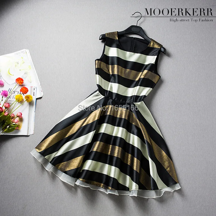 2015 European leg of and American women's spring summer stripe print sleeveless dress Slim | Женская одежда