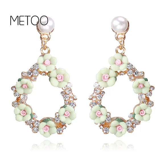Light Green flower METOO Ретро акриловые цветочные серьги в форме капли большие богемные серьги для женщин жемчужные хрустальные серьги со стразами Свадебные Летние каникулы - Окраска металла: Light Green flower