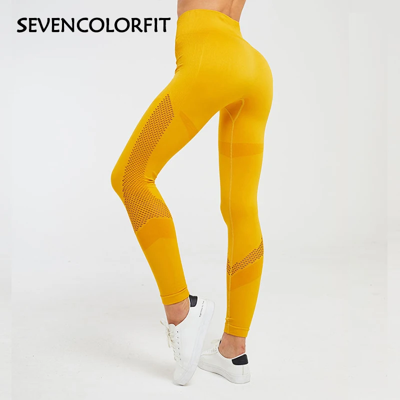 Sevencolorfit женские бесшовные легинсы с высокой талией, желтые, розовые, черные, сетчатые, открытые, сексуальные, для спортзала, спорта, фитнеса, колготки, длинные штаны
