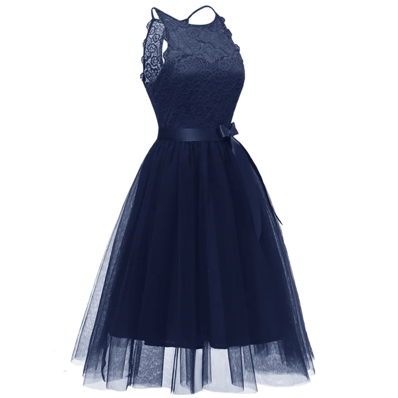 

2019 Autumn and Winter Fashion New sleeveless Chiffon high-end party dress adolescent lace suspender backless waist-back dress