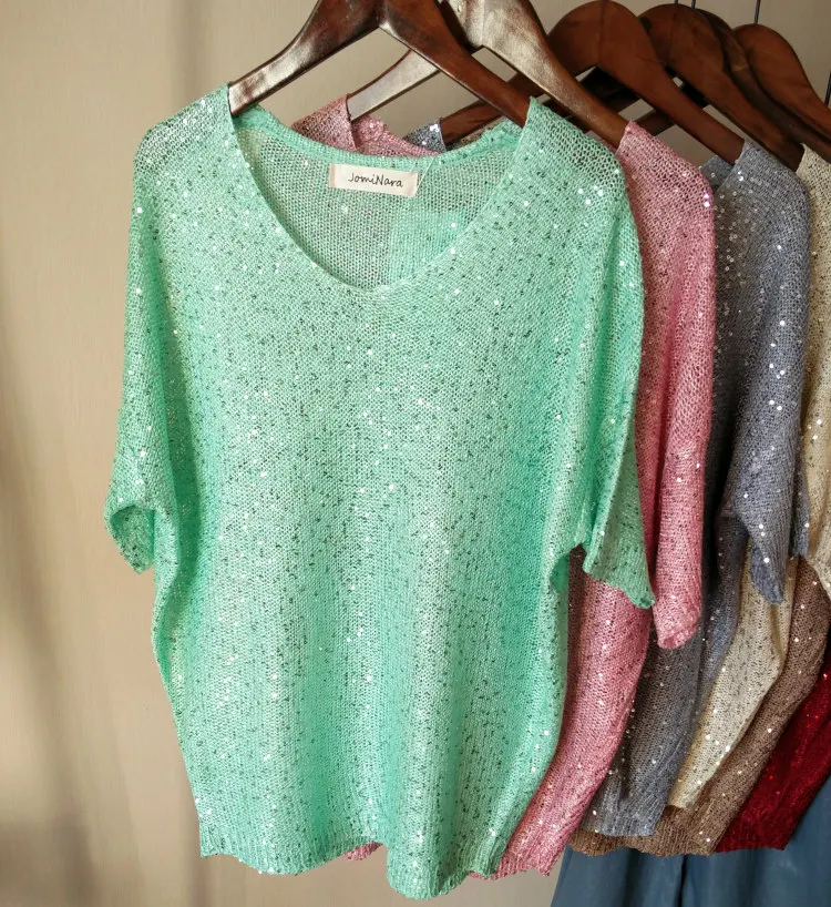 Женский пуловер с блестками вязаный свитер коротким рукавом топы круглым