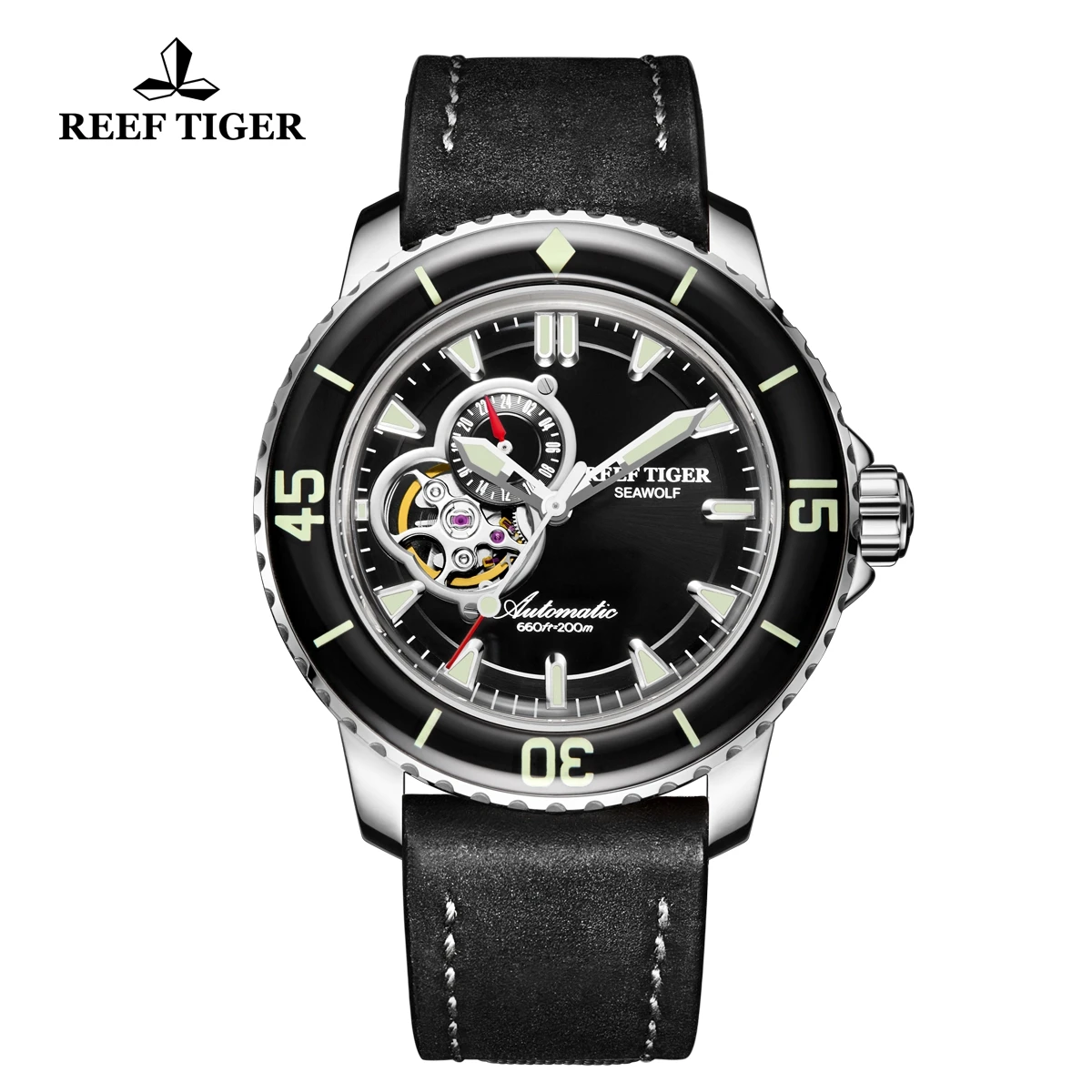 Reef Tiger/RT спортивные часы для дайвинга мужские 200 м водонепроницаемые часы с черным кожаным ремешком супер светящиеся часы RGA3039-PBBC - Цвет: RGA3039-YBBC
