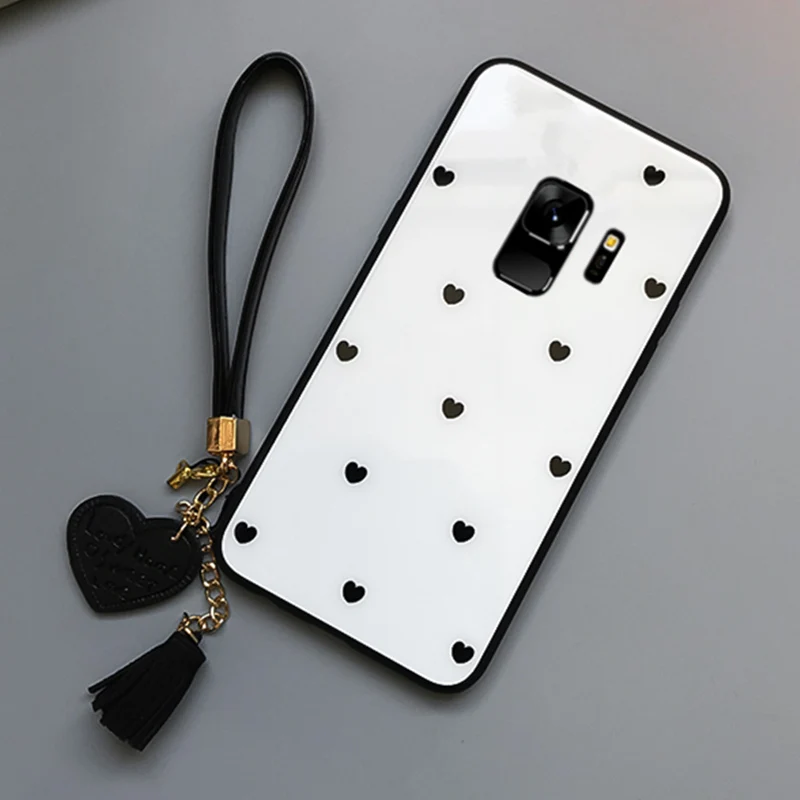 WHITE Чехол из закаленного стекла для samsung galaxy A7 A750 чехол с сердечком для Samsung A7 A8 A9 A6 Plus A9S чехол с кисточкой - Цвет: WHITE